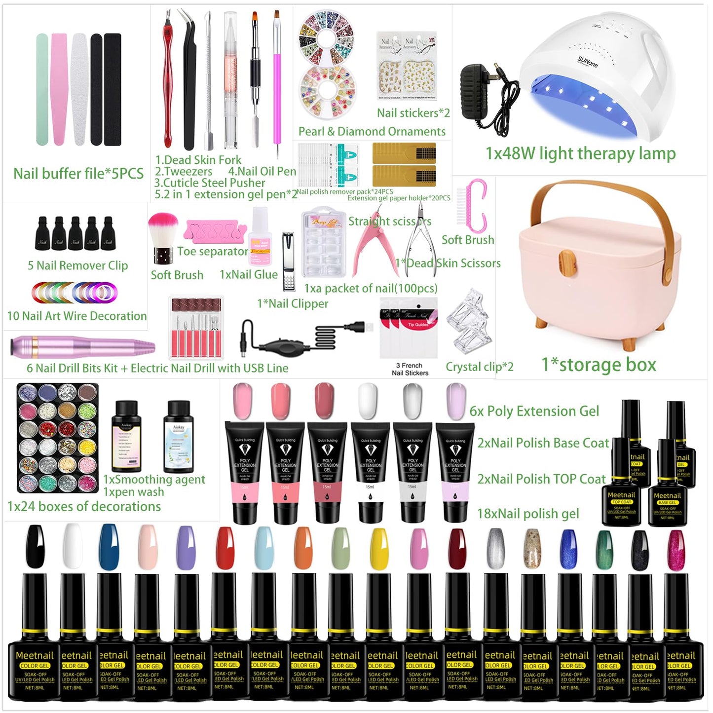 MeiBoes Gel Nail Polish Kit with 48W UV Lamp, 22pcs nail polish with Base Coat and Top coat, 6 Colors Extension Poly Nail Gel set，Nail Drill & More,Professional Manicure Tool for Home DIY Salon