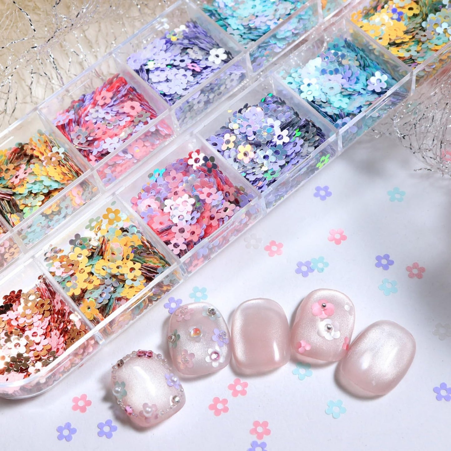 1 Box 6 Color Holographic Flower Nail Glitter Small Floral Nail Sequins 3D Pink Gold Nail Flakes Spring Glitter Flakes Shiny Nail Sequins Glitter for Women Manicure Art 12 Grids