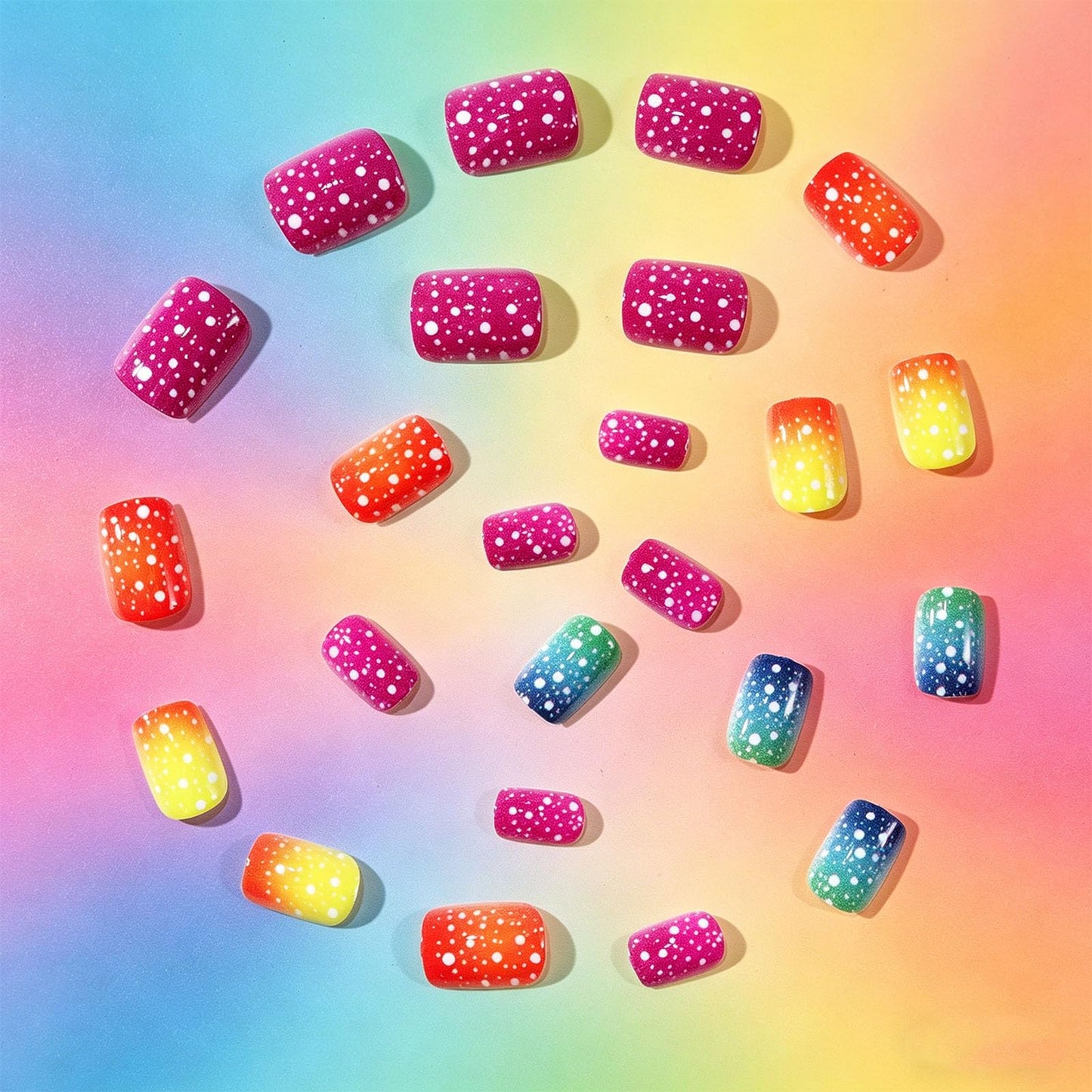 Polka Dots Press on Nails with Rainbow Design Glossy Multicolor Fake Nail Ombre Short Square False Nails Summer Stick on Nail Gradient Glue on Artificial Fingernails for Women Daily Wear
