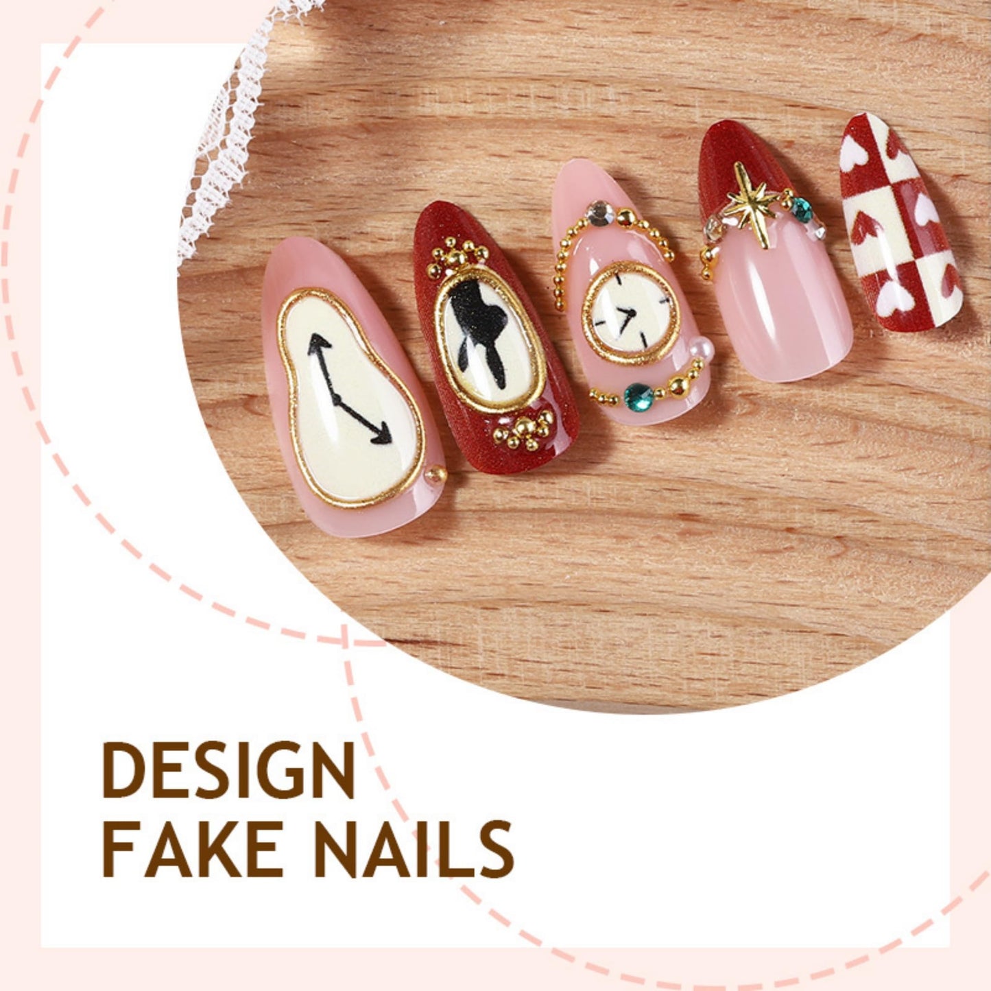 Almond Press on Nails Medium Fake Nails Red Artificial Nail Cherry and Heart Love Designs Gold Charm Stick on Nail for Women 24pcs