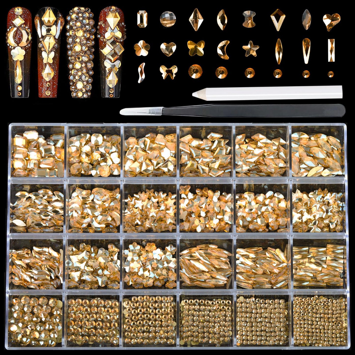 Kaipheiquan Champagne Nail Rhinestones Kit, 18 Types of 900 Special-Shaped Nail Diamonds + 3200 Flat-Bottomed Nail Rhinestones, 3D Nail Crystals DIY Crafts Gemstones for Nail