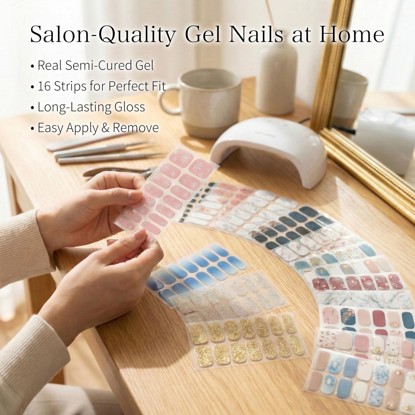 Sun&Beam Nails Semi Cured Gel Nail Strips Pink Snowflakes Real Gel Polish Wraps UV Lamp Required Winter Christmas Art 16 Stickers (#004 Pink Snowfall)