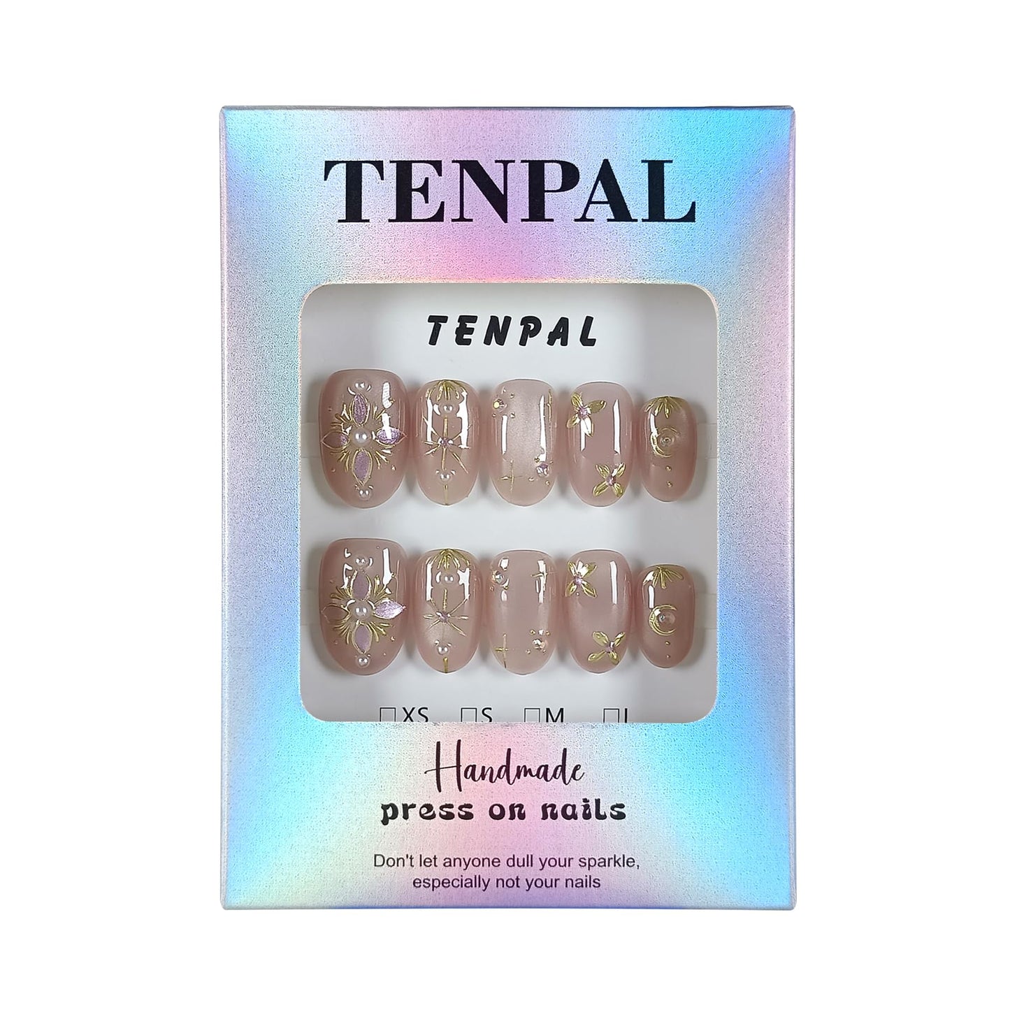 TENPAL Handmade Press on Nails Short Oval - Pink Cat Eye Glitter Sheer Nude Hand Painted Floral False Nails for Women - Glossy Acrylic Stick on Nails with Designs(M)