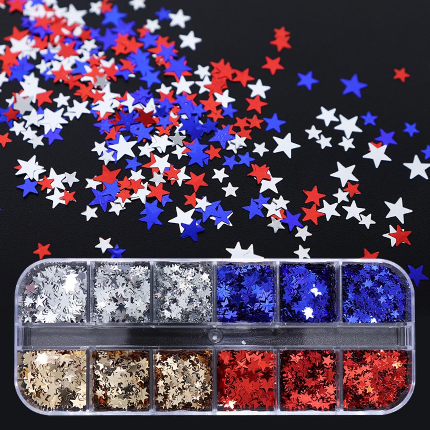 Star Nail Glitters 4th of July Nail Art Sequins Holographic Red Blue Gold Silver Nail Flakes Sparkly Glitter Nails Sequins Independence Day Glitter for Women Manicure Art 1 Box 4 Color