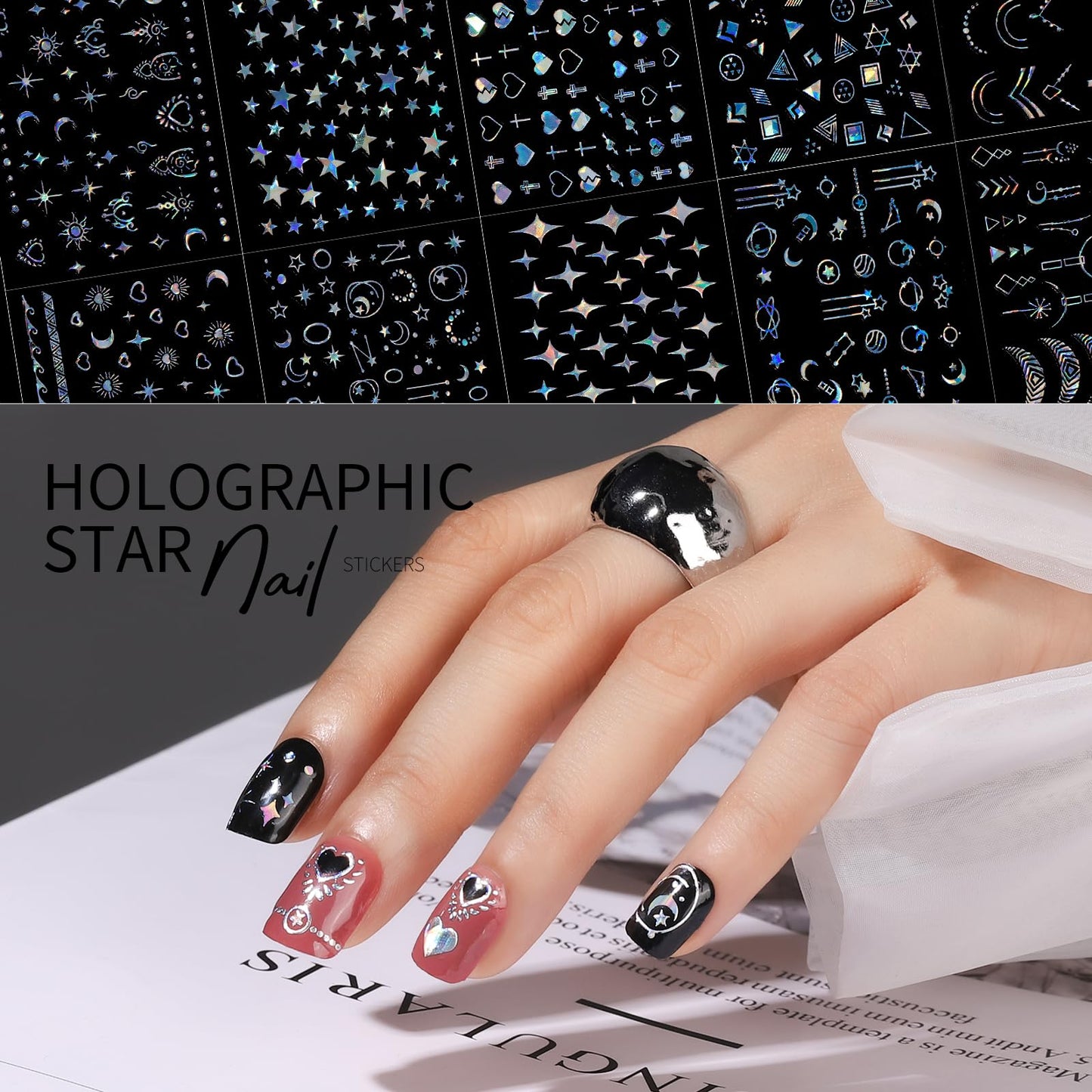 Teenitor 50 Sheets Aurora Nail Stickers for Nail Art, Star Nail Art Stickers for Kids Women, Laser Silver Nail Decals Fingernail Stickers for Holiday, Self-Adhesive Nail Decorations