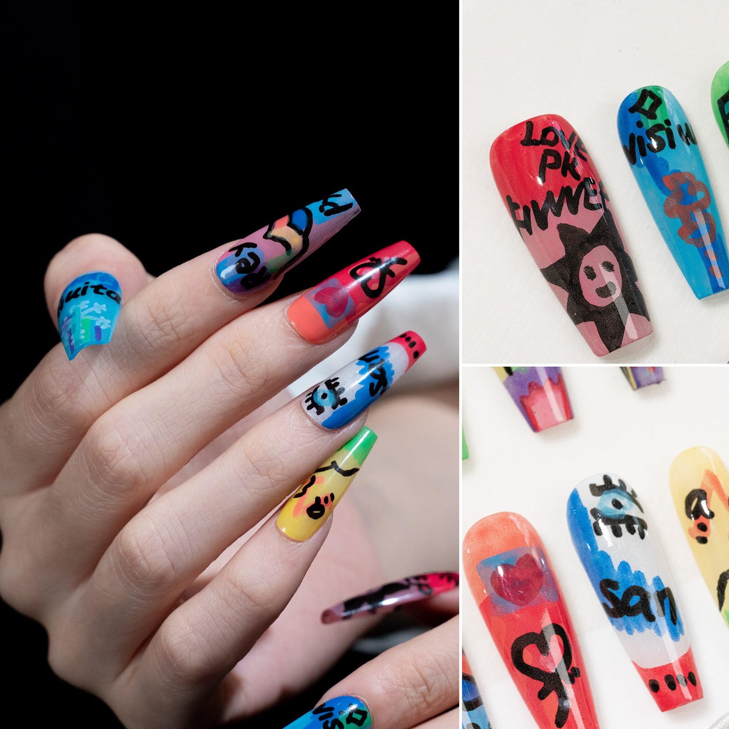 Sun&Beam Nails Handmade Press-on Long Coffin Ballerina Red Blue Hand-Painted Summer Glam Design Fashion False Nail Tips 10 Pcs Set (#270 M)