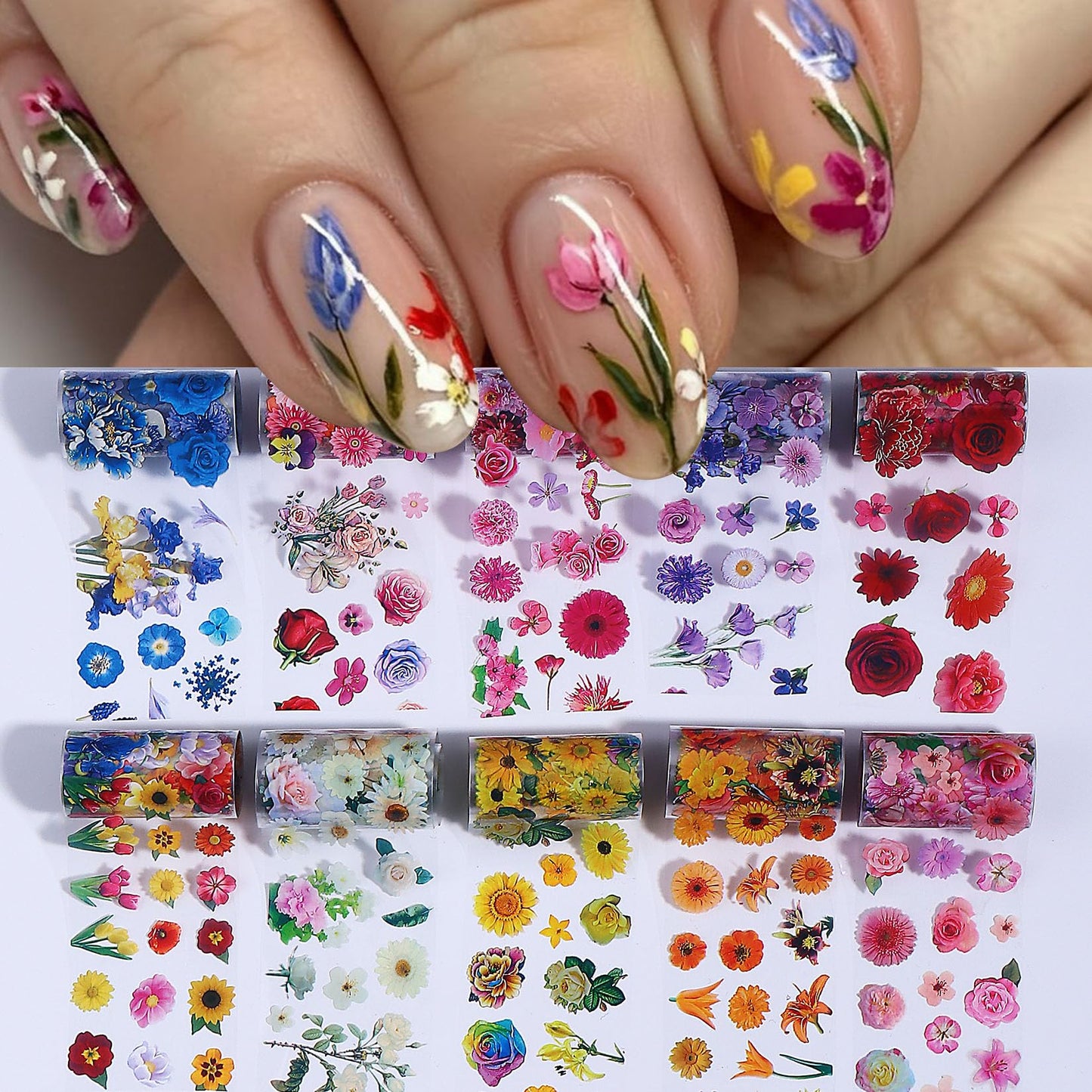 Flower Fruit Nail Transfer Foils 20 Rolls Summer Tropical Fruits Floral Theme Nail Art Foils Blueberry Strawberry Daisy Starry Sky Paper Full Cover Wraps Manicure Decoration Supplies for Women
