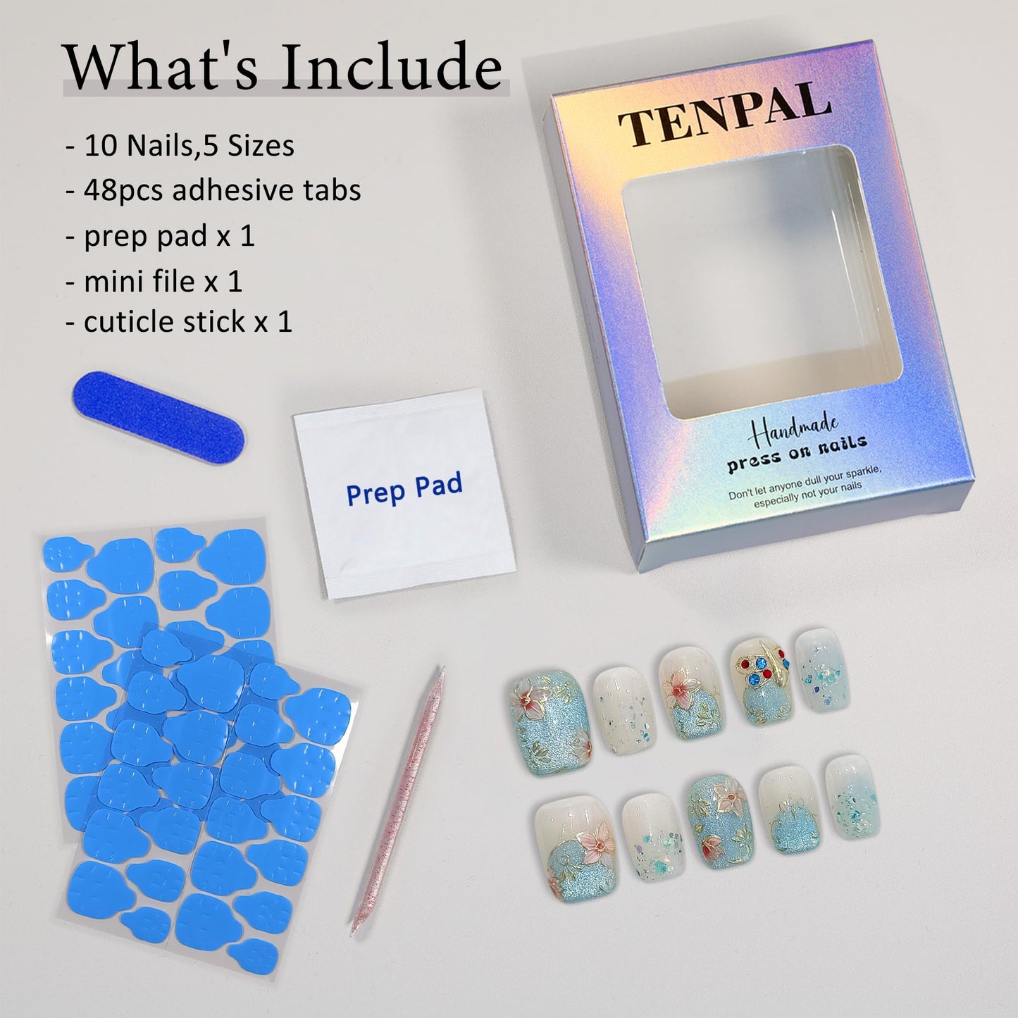 TENPAL Hand-Painted Cloisonne Press on Nails 10Pcs Kit,Short Squoval Blue Porcelain Gradient Fake Nails,Cat Eye Glitter Oriental Bloom False Nails,Chinese Classical Art Glue on Nails for Women(S)
