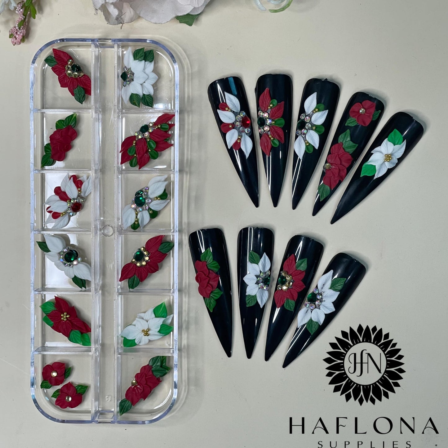 Set 24Pcs 3D Acrylic Christmas Flowers Nail Art Charms Handmade by Acrylic Powder - HaFlona Flower Nails, Nail Salon Deco For Women (Chirstmas Flower 24#)