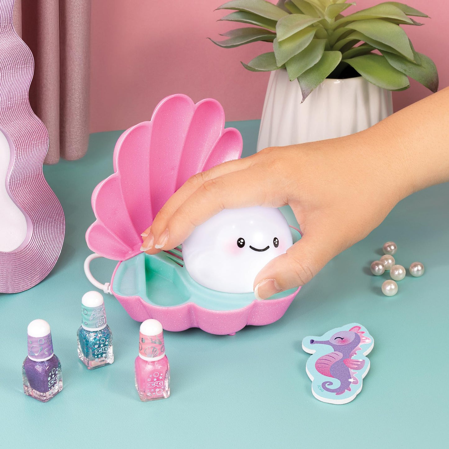 3C4G: Pearl Perfect Light-Up Nail Dryer - 6pc, Pink Shell Shaped Manicure Kit, Built-in Fan, 3 Nail Polishes, Seahorse Filer, Tweens-Girls-Kids 8+