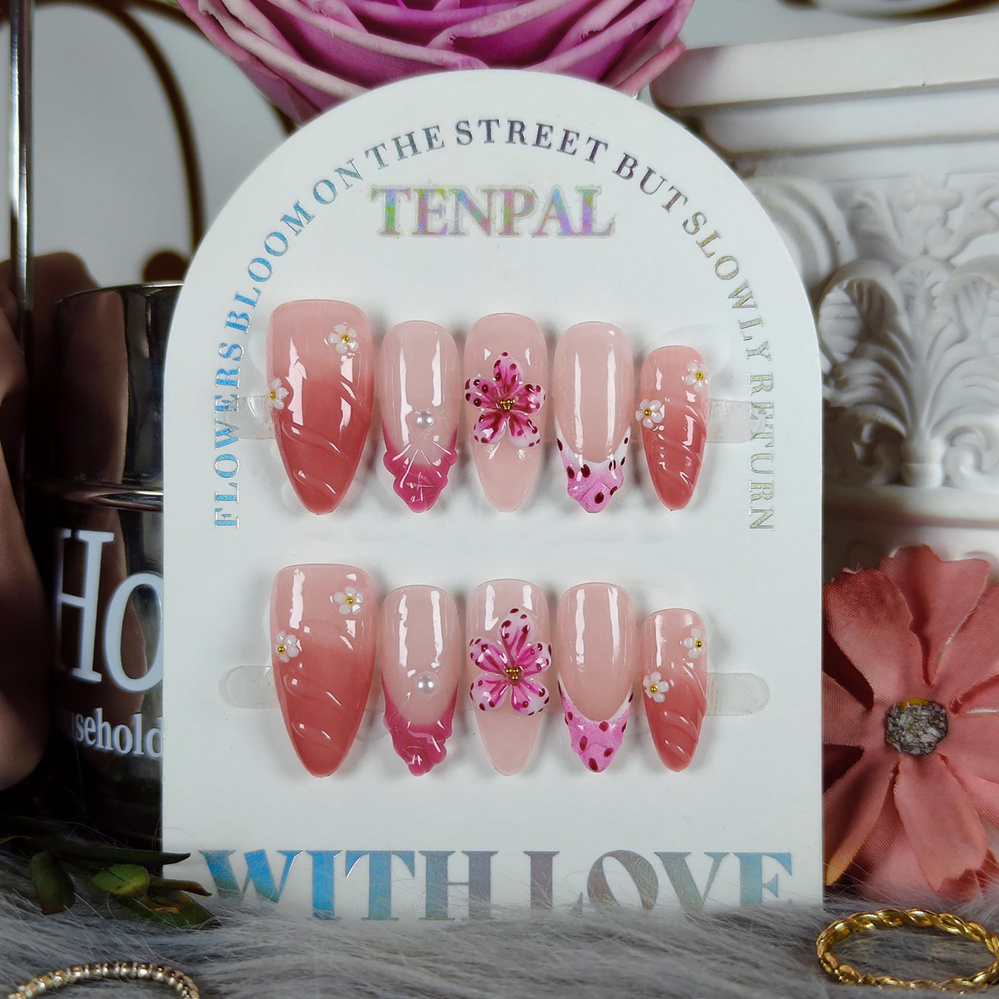TENPAL Almond Press on Nails - Pink French Ombre & 3D Texture with Polka Dot & Wave Carving, Reusable & Handmade False Nails for Spring Summer | Sweet Watercolor Style(XS)
