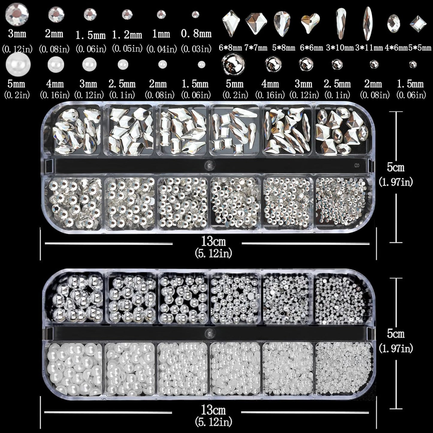 SEMATA White Nail Art Pearls Charms Silver Clear Nail Gems Flatback Nails Rhinestones Pearls Half Round Silver Nails Beads Art Accessories Decoration Design for Women
