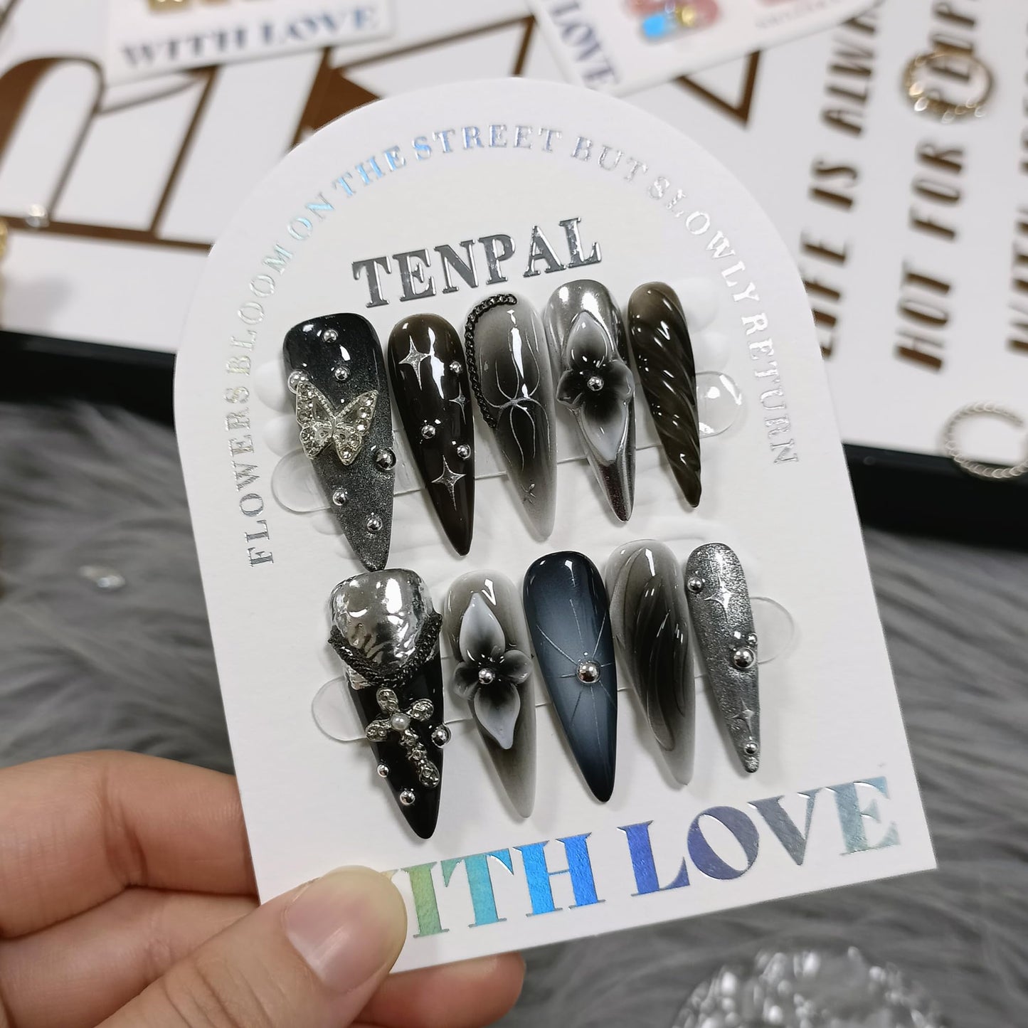 TENPAL 10Pcs Y2K Press On Nails With Tools,Handcuff Star & Skull 3D Charms Long Stiletto Fake Nails,Glossy Edgy Sweet Glitter Acrylic Glue on Nails for Concert Festival Party,Handmade Long Nails(XS)
