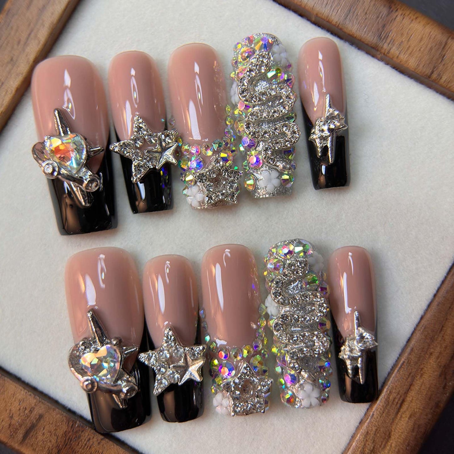 Press On Nails Long Square Handmade Star Rhinestone Black French Tip Nude Pink Full Cover Reusable Acrylic Nails for Women Party Festival Daily 10Pcs (Size M)