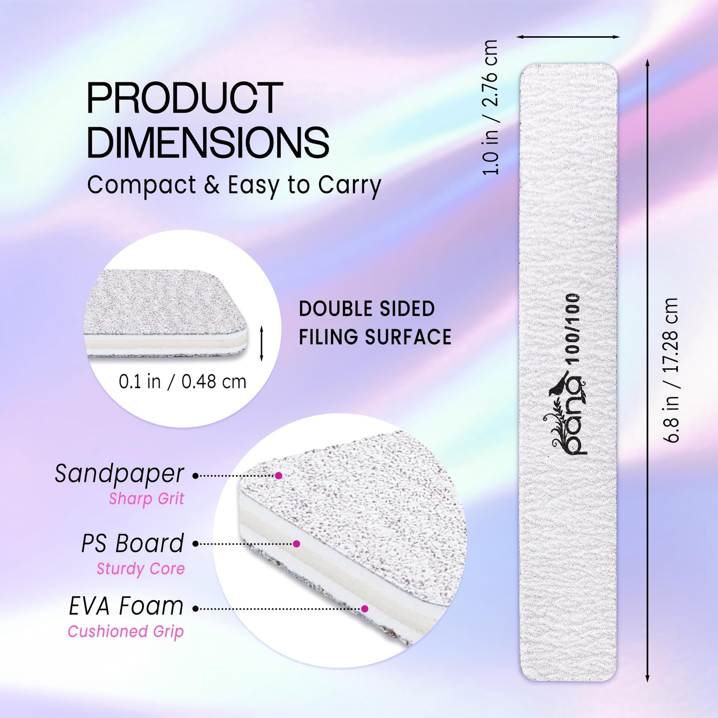 PANA Jumbo Double-Sided Emery Nail File for Manicure, Pedicure, Natural, and Acrylic Nails - Zebra (Grit 100/100) - 50 Piece Pack