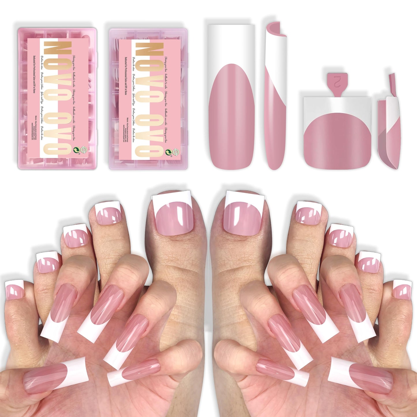 NOVO OVO Long Sharp Square White French Tip Matching Set Nail Tips Press on BERRY PINK, Including One Box of Predesigned French Tip Soft Gel x Toe Nail Tips and One Box of Finger Nail tips