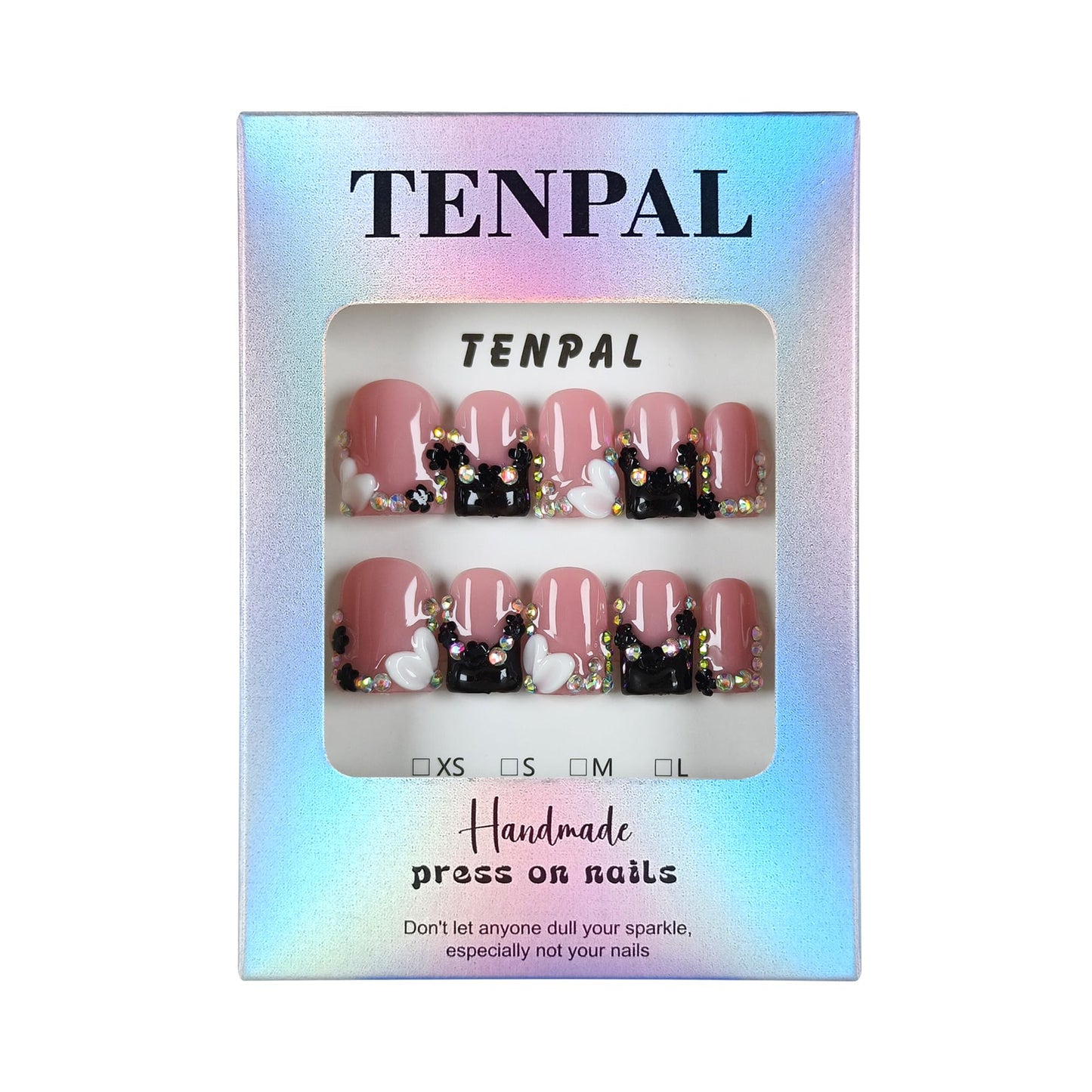 TENPAL Short Squoval Square Press on Nails - Nude Pink French Ombre Black White with Glitter Carving Florals| Icy Glossy Sweet Edge Style False Nails(M)