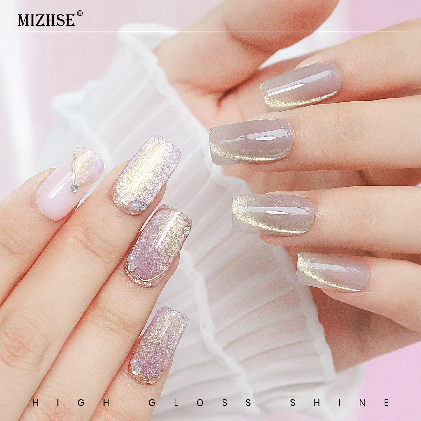 MIZHSE Cat Eye Gel Nail Polish, 8 Colors Glass Magnetic Gel Polish Set with Magnet Stick, Crystal Jelly Pink Purple Colors with Gradual Gold Cat Eye Effect Nail Gel Soak Off Nail Art Valentine's Gift