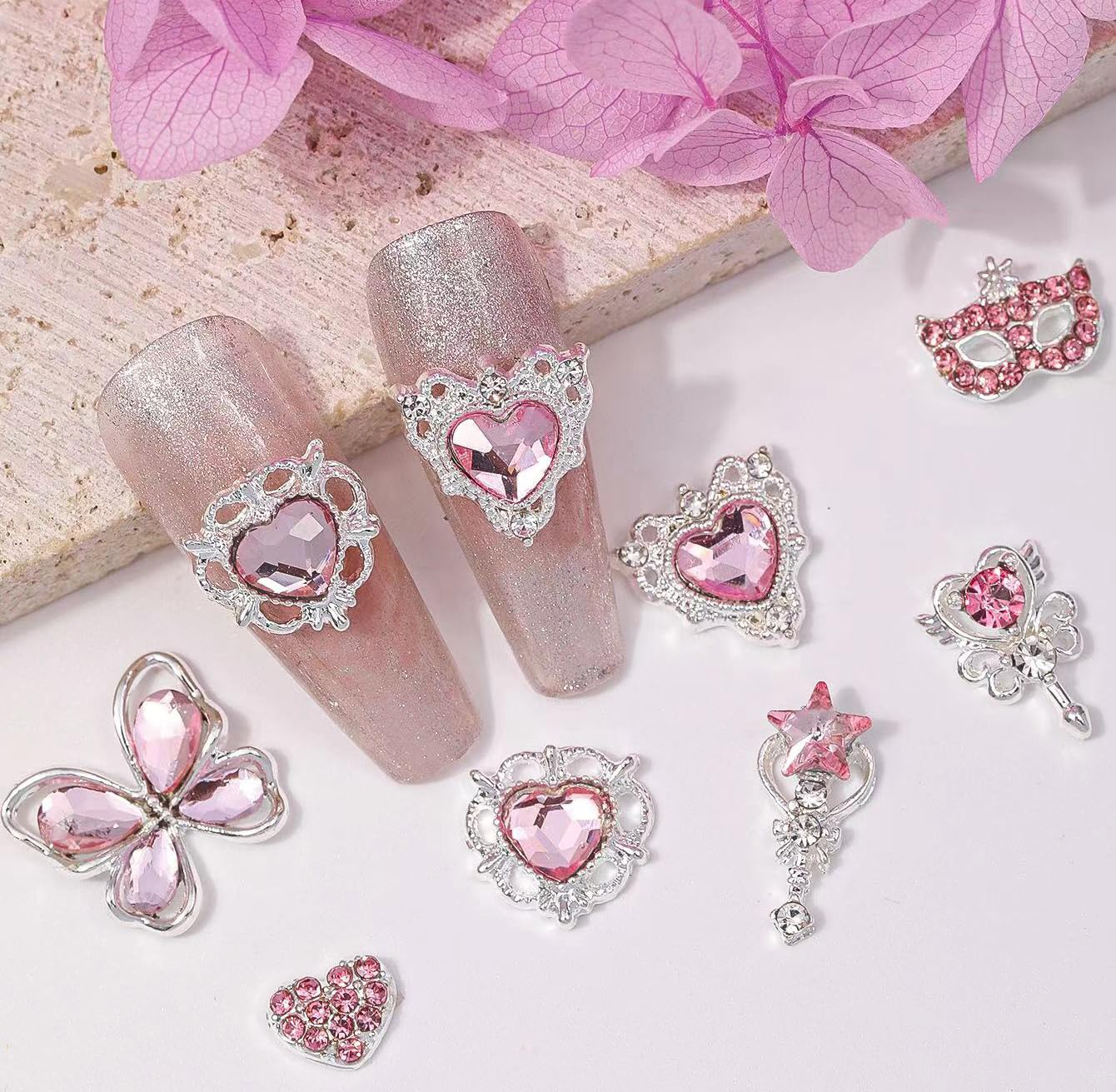 COOSLIM 60 Pcs Heart Nail Charms, Rhinestone Pink Butterflies Nail Art Gems, Star Heart Butterfly Charms Decorations Sailor Moon Acrylic Nail Accessories for Women DIY Crafts 1