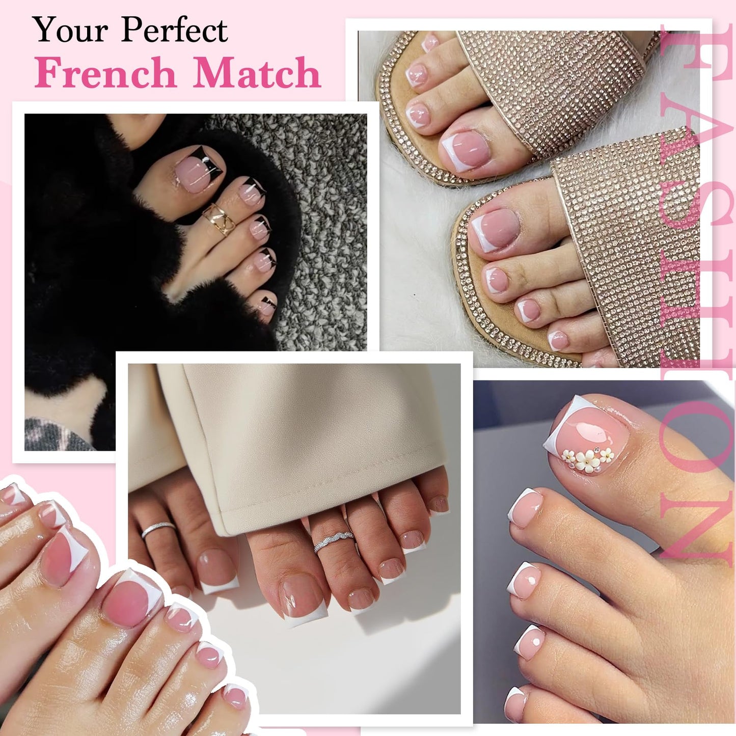 Qiek Toe Nail Press Ons French Tip, Sharp Square Berry Pink Pre-Designed Fake Toenail Press On for Women DIY, Soft False Acrylic Nail Extension 15 Sizes, 270 Pcs - Builder Nail Gel & Top Coat Needed