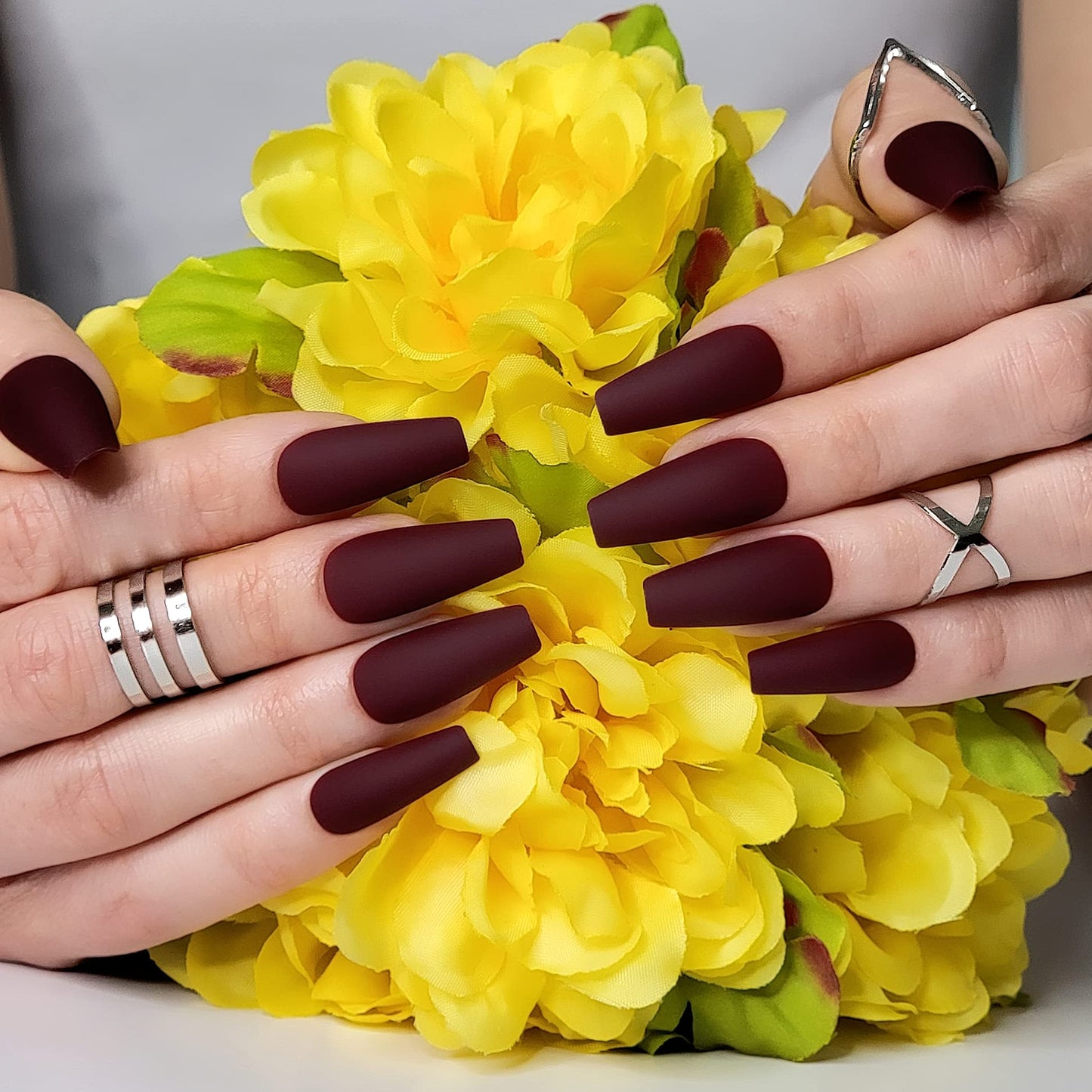 Hypnaughty Press On Nails - Rhinestone Noir & Maroon Xtreme, Trendy & Salon Quality Reusable Nails With Kit
