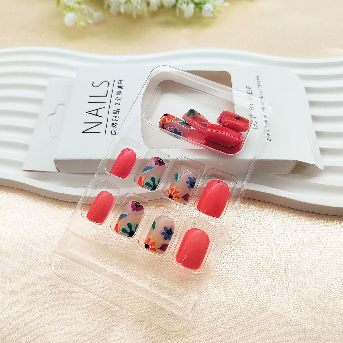 Square Press on Nails Short Fake Nails Press ons with Cute Colorful Flower Designs Glossy Glue on Nails Acrylic Reusable False Nails Red Full Cover Stick on Nails for Women Girls 24 Pcs