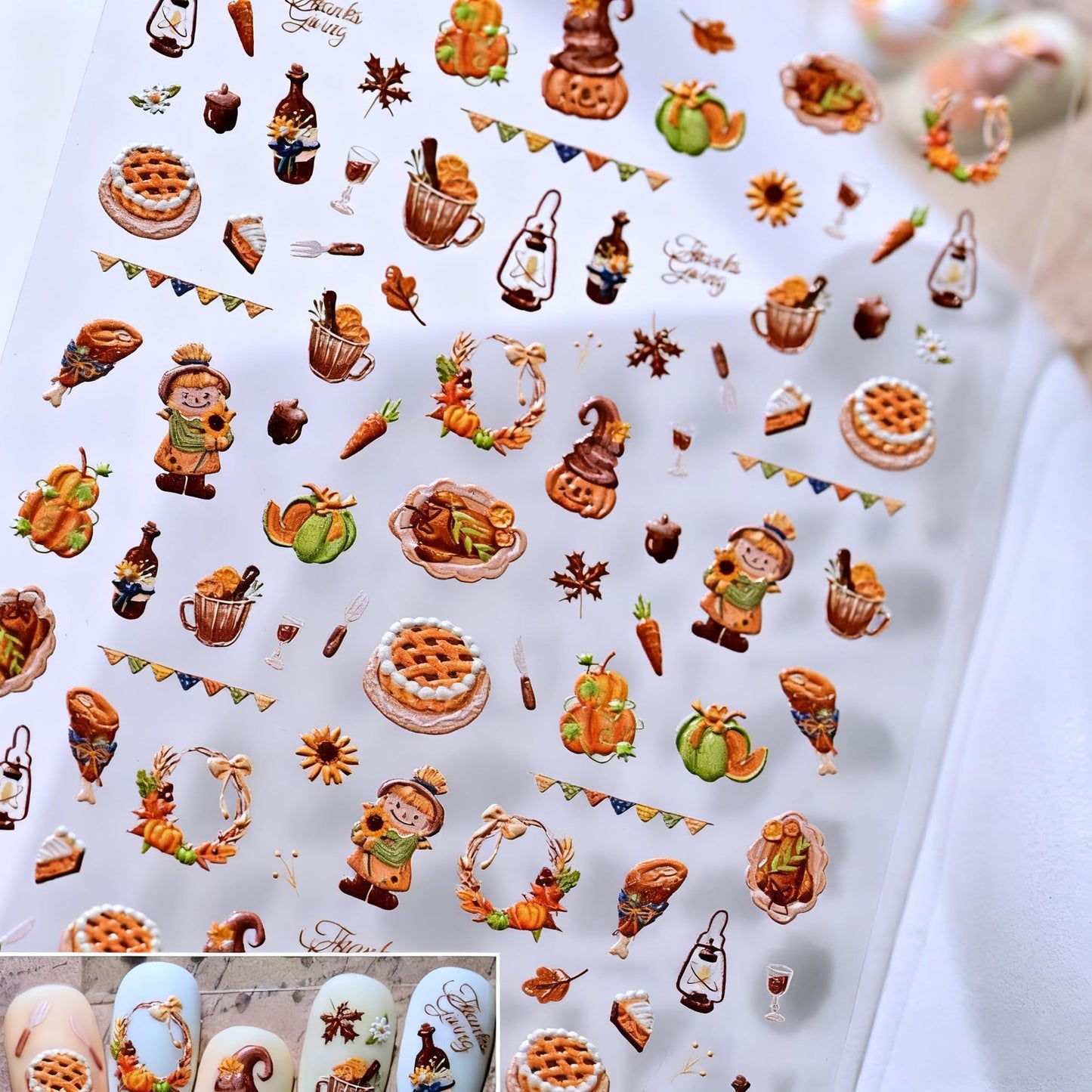 Thanksgiving Day Nail Stickers 5D Embossed Pumpkin Lanterns Nail Art Stickers 3D Self Adhesive Wine Bottles Nail Decals Fall Autumn Cute Girl Nail Design Garland Nail Art Supplies for Women 1 Sheet