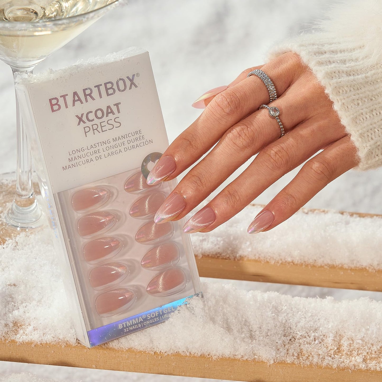 BTArtbox Press On Nails Almond - Diamond Dust, Lamp-Curable Cat Eye Chrome French Tip Short Press On Nails with Glue and Adhesive Tabs for Women in 16 Sizes - 32 Soft Gel Glue On Nails Kit