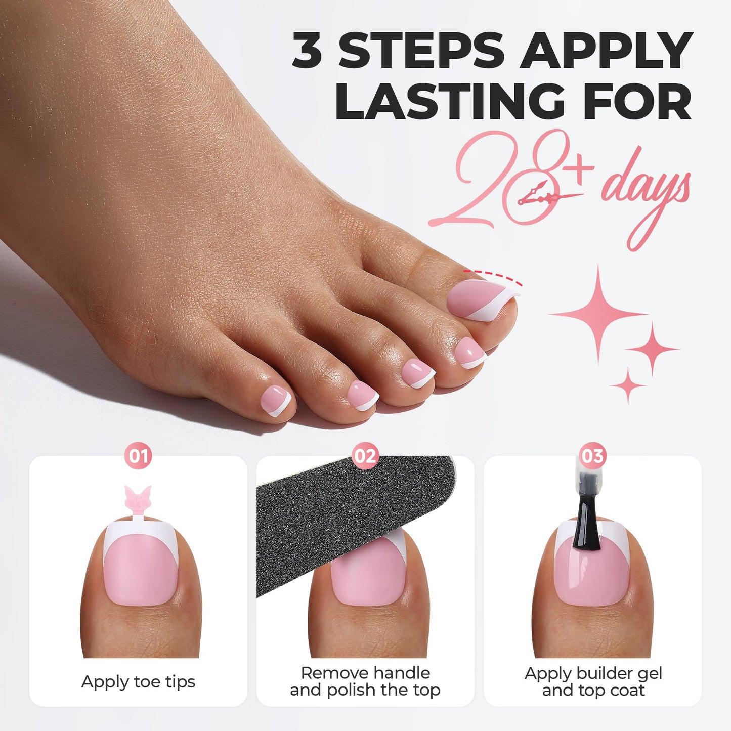 UNA GELLA French Press On Toenails - 15 Sizes Pre-Etched French Toe Nail Press Ons Soft Square Gel False Toenails Pink and White Fake Toe Nails 180Pcs for Women Big Toes Nail Extensions Pedicure