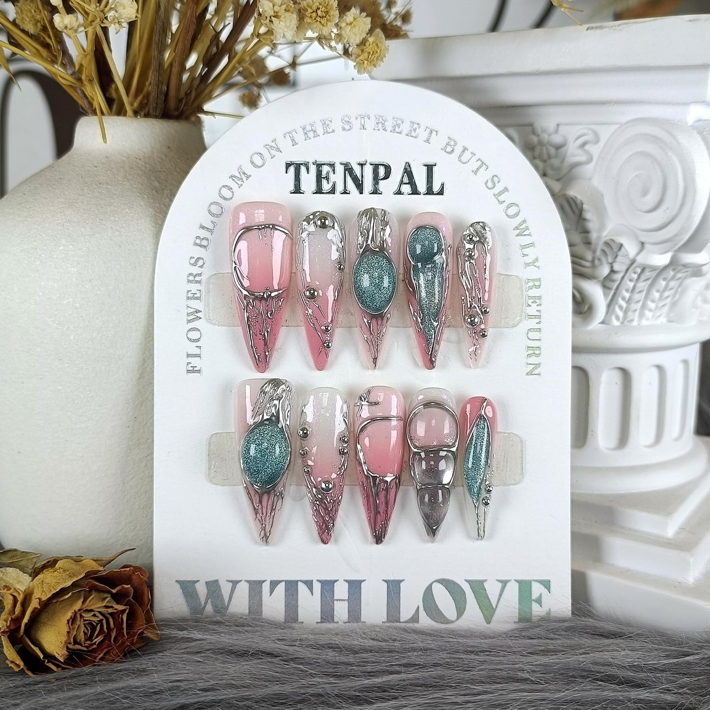 TENPAL Long Stiletto Press on Nails,Pink-Silver Holographic Gradient Hand-Painted Moons Fake Nails with 10pcs Tools,3D Cat Eye Glitter False Nails,Edgy Meteors Design Sweet-Edge Metal Nails(M)