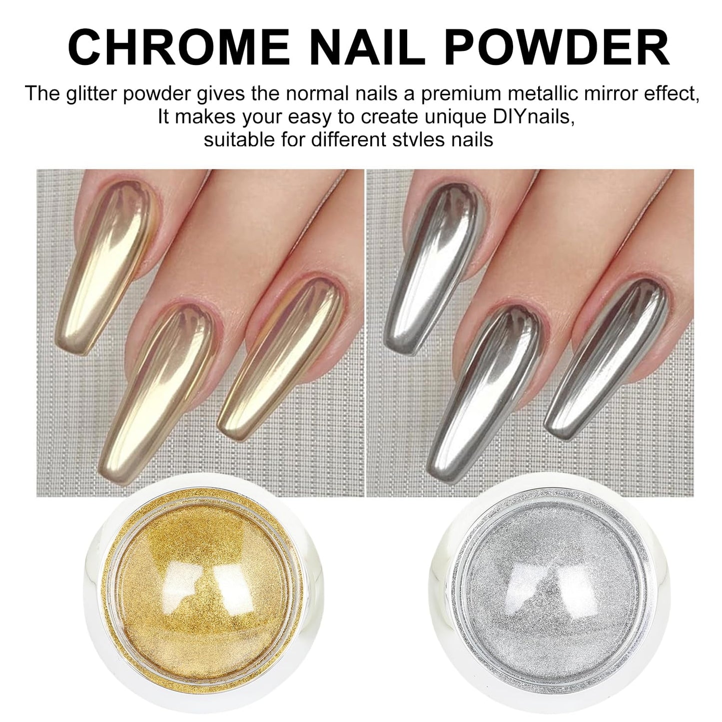 GZMAYUEN Nail Chrome Powder Nail Art Kit, 4 Color Chrome Powder for Nails, 15Pcs Nail Brushes for Nail Art, 4 Sheets Butterfly Nail Stickers, 4 Boxes Nail Charms Accessories
