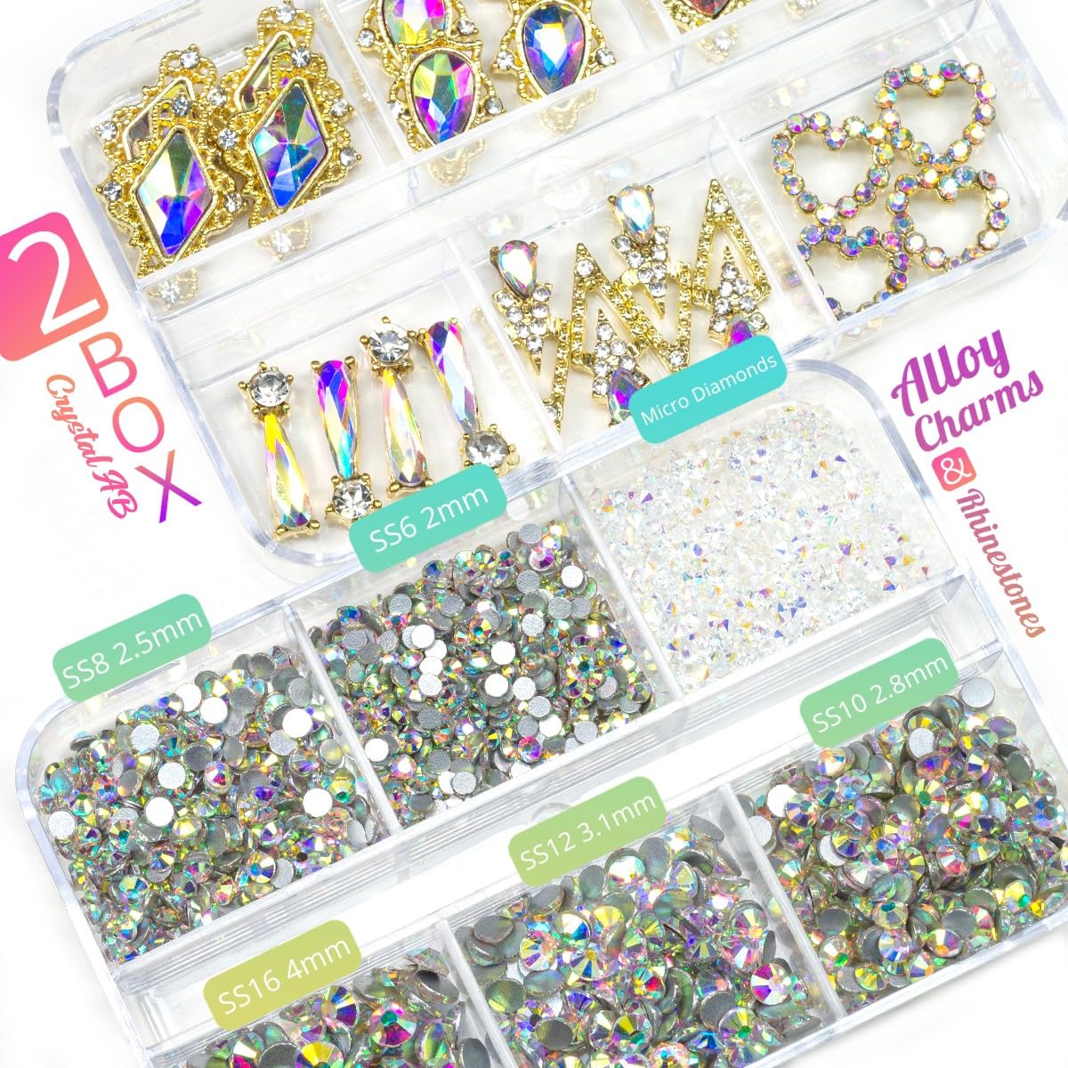 qiipii 24pcs Crystal AB Luxury Nail Charms +2000pcs Crystal White AB Rhinestones 3D Big Nail Gems K9 Glass Nail Crystals Diamonds Jewels Stones Alloy Nail Art Studs Decor Supplies for Nails Crafts DIY