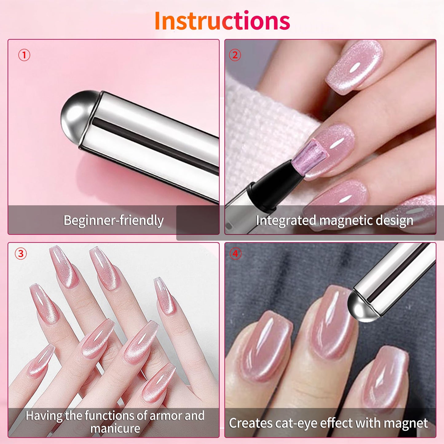 CHANLETREE 3 in 1 Multi-Use Cat Eye Nail Polish Pen with Built-in Cat Eye Magnet, LED UV Pen Light + Mini Sponge + Cleansing Pads, DIY at home Manicure Tool (White)