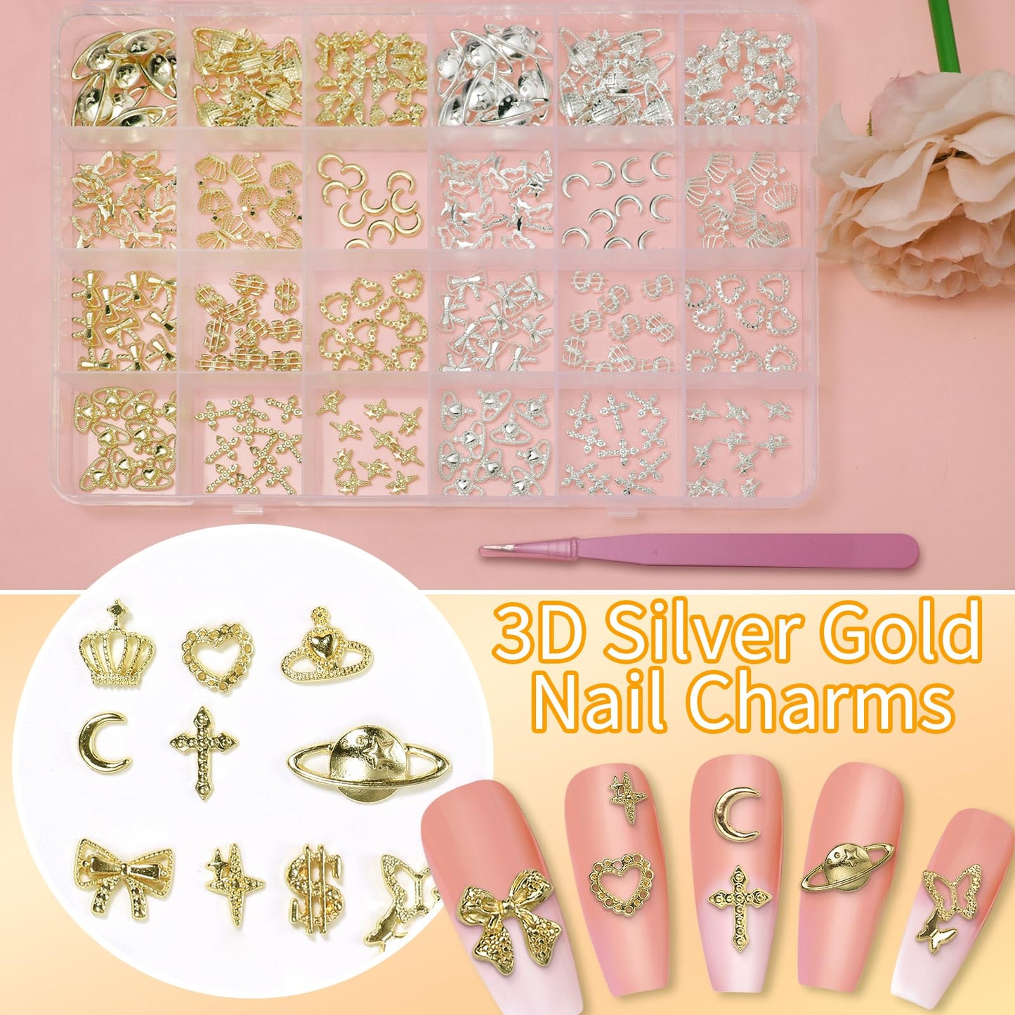240 Pcs Alloy Gold Silver Nail Charms, Heart Star Butterfly Bow Moon Crown Cross Dollar Planet Nail Art Charms, 3D Y2K Metal Gold Silver Nails Charm and Gem for DIY Nails Design Craft