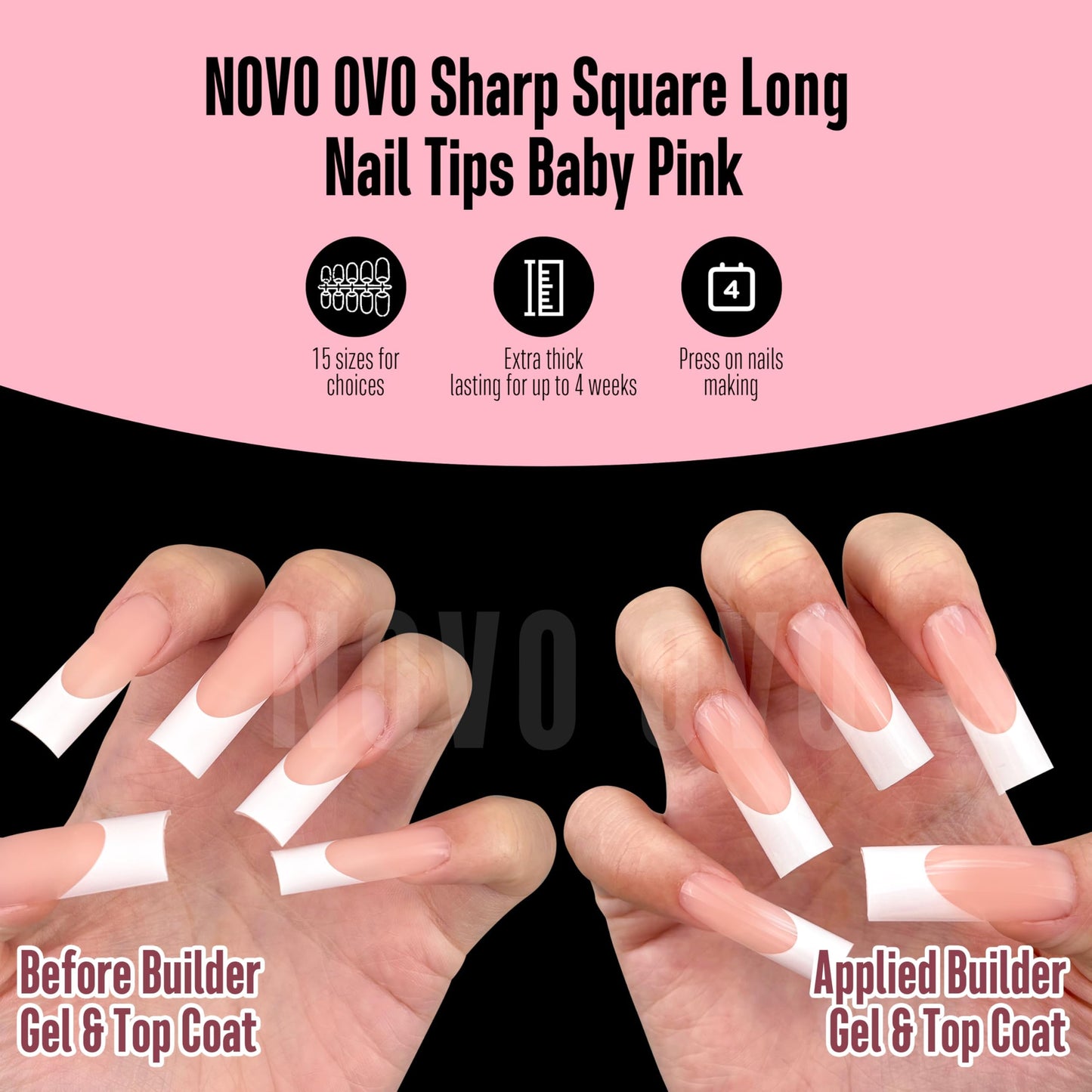 NOVO OVO Long Sharp Square White French Tip Nail Tips Press on BABY PINK, Extra Thick NEED Builder Gel & Top Coat & Glue, Soft Gel full Cover False Fake Nail Extension for Salon DIY x 15 Sizes 180 pc