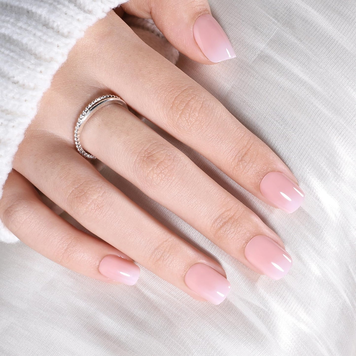 SEEWEE Pink Ombre Press On Nails Square - Short Square Nude Pink Fake Nails with Nail Glue, Nude Press On Nails Opaque Reusable Stick On Nails in 15 Sizes - 30 Nail Kit | Salon Quality