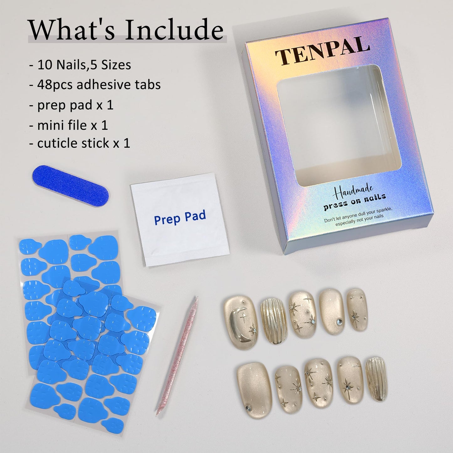TENPAL Handmade Press on Nails Short Oval,Cat Eye Fake Nails with Mirror Star Moon Designs,Soft Gel Ethereal Edgy French Retro Nails Kit with Tools,Shimmer Glossy Glue on Nails Short for Women(XS)