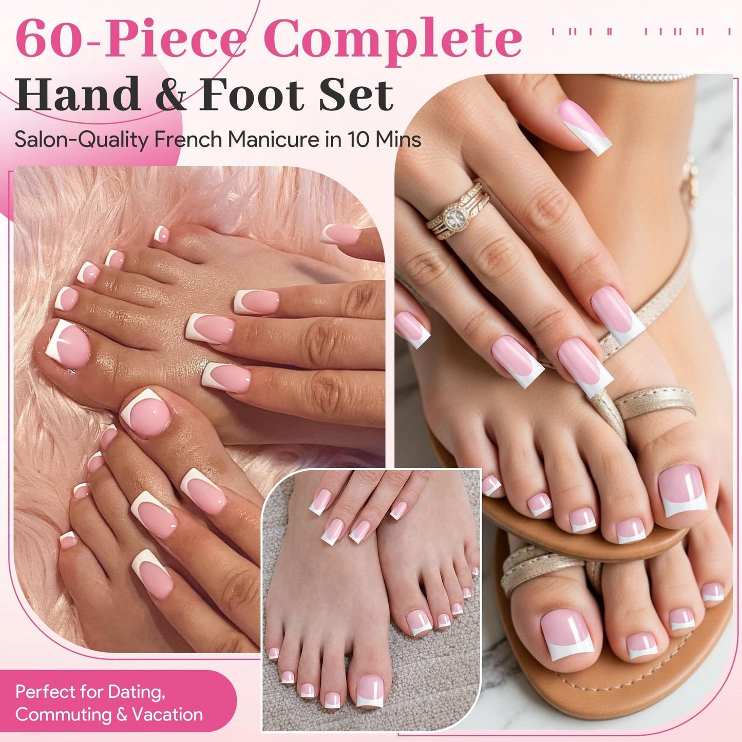 60Pcs Light Pink French Tip Press on Nails & Press on Toenails Set, Square Fake Nails Kit with Nail Glue, 15 Sizes Acrylic Full Cover Toe Nail Press Ons Stick on Nails for Women DIY Home Manicure