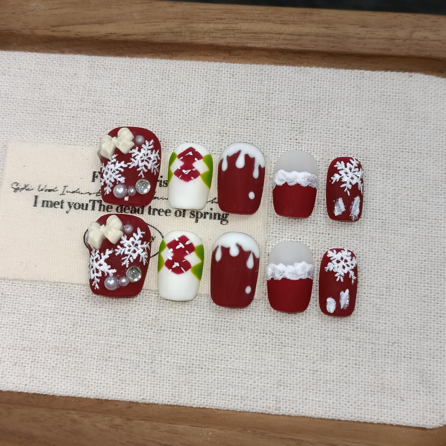 TENPAL Squoval Press on Nails -Acrylic Red Velvet Matte with Pearl Plaid & Snowfall Design | Handmade Winter Elegant Fake Nails with Tools | Christmas Party Gift Set(L)