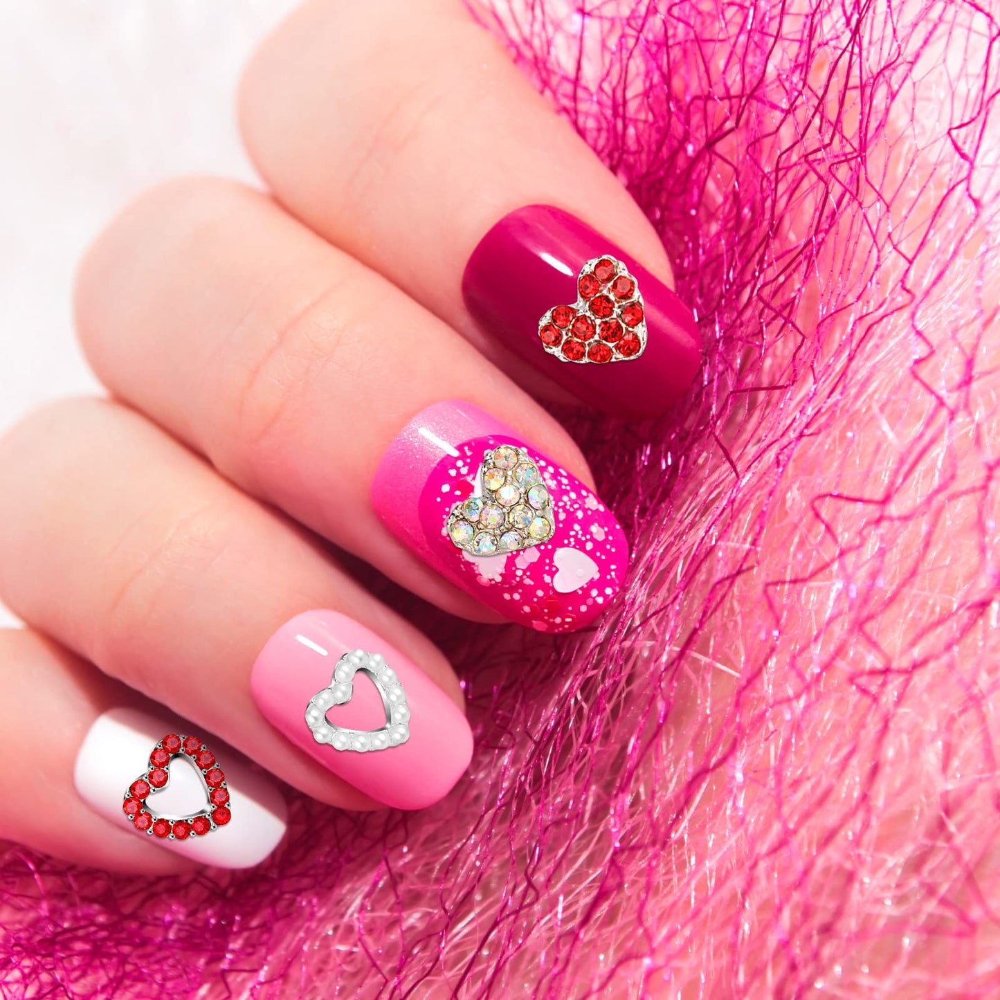 60 Pieces Valentines Day 3D Heart Nail Charms Heart Rhinestone Art Decals Love Crystal Gems Alloy Diamonds Decor for Valentine‘s Day Women DIY Nail Jewelry Accessories(Novel Style)
