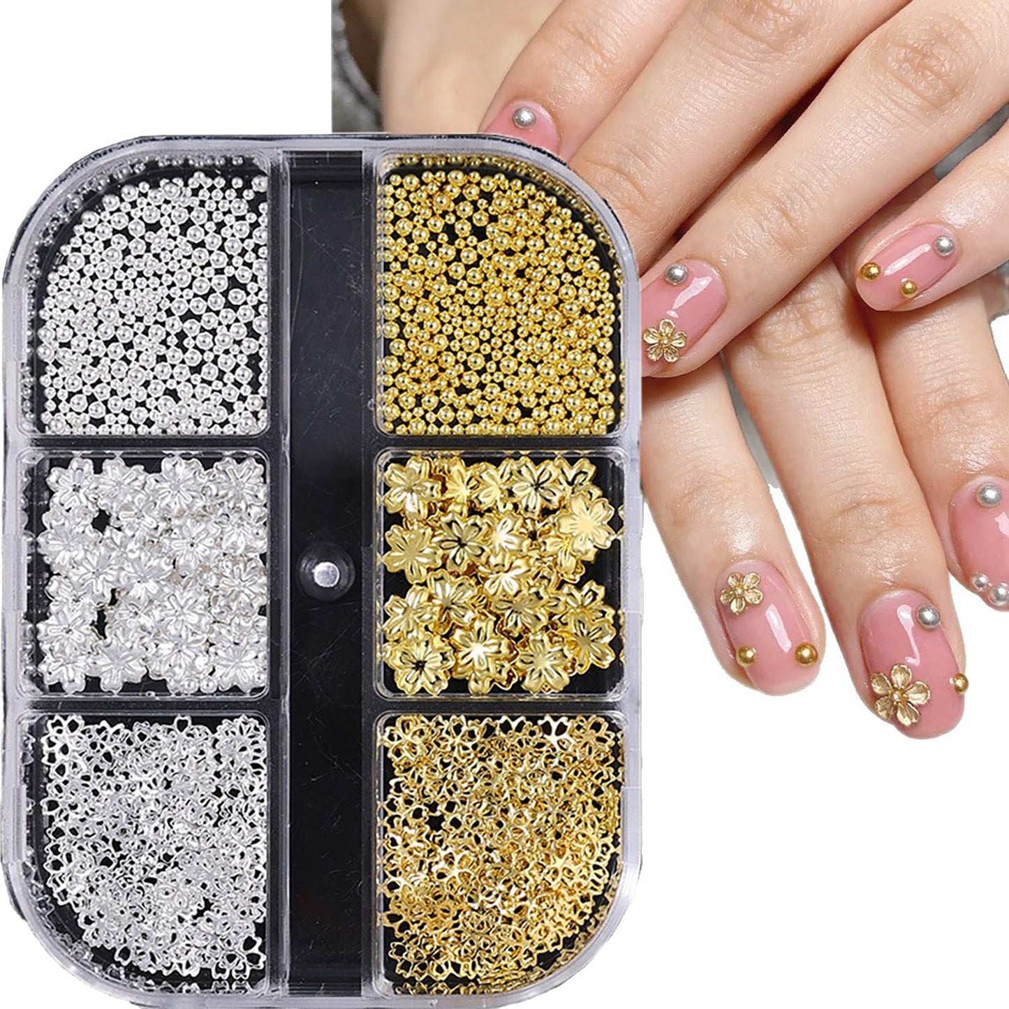 CJDLTS 6 Grids Flowers Nail Decoration, Gold Silver 3D Flower Nail Art Decorations, Metal Cherry Flower Studs with Beads Hollow Flowers Sequins for Women Acrylic Nails DIY Manicure