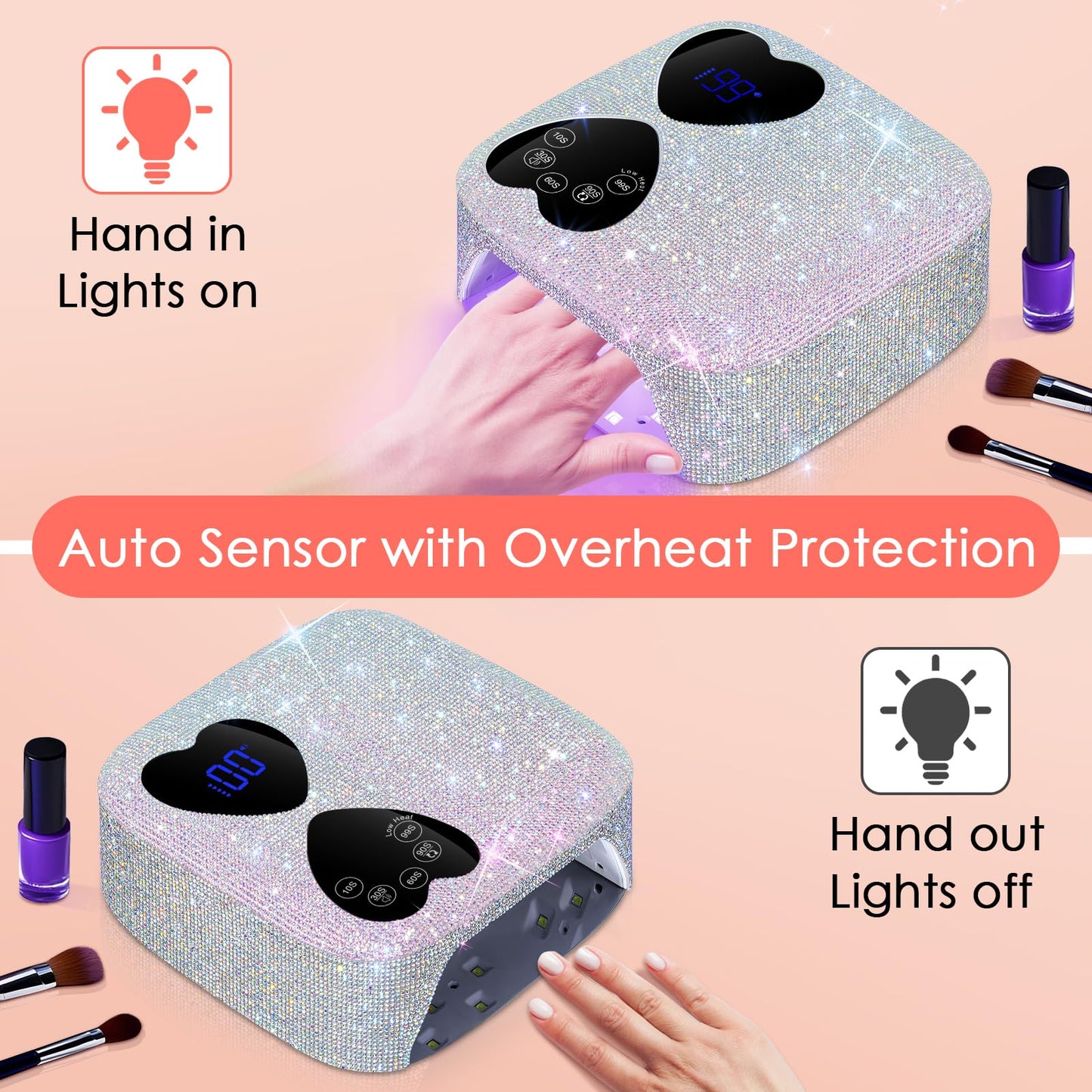 UV LED Nail Lamp Cordless, HUITINE 80W Rechargeable UV Light for Gel Nails, Professional Gel Light Dryer with 5 Timers & Mirror Base, Sparkling Rhinestones Diamond Curing Lamp for Salon & Home