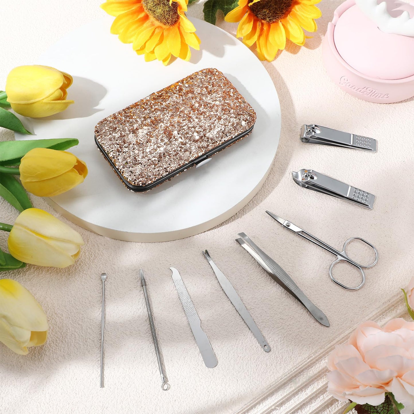 Geosar 12 Set 8 in 1 Manicure Gifts for Fathers Day Bulk Stainless Steel Nail Clippers Kit Pedicure Care Tools with Leather Case Travel Grooming Kit Gift for Women Men Hands Foot(Glitter Rose Gold)