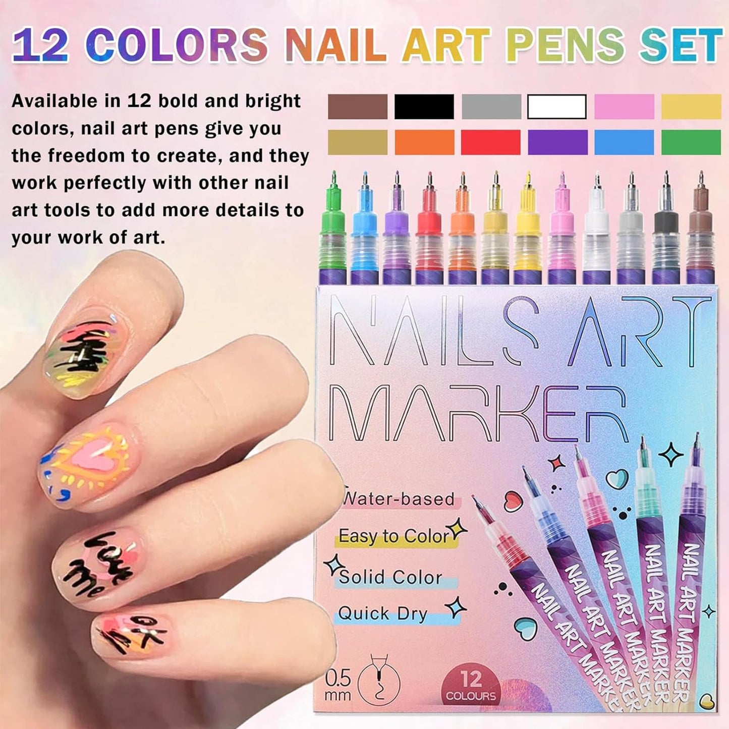 12 Colors Nail Art Pens Set, DIY Nail Art Marker Drawing Painting Liner Pen, Waterproof and Quick-drying Nail Polish Pens for Graffiti Dotting Drawing Painting Point Liner