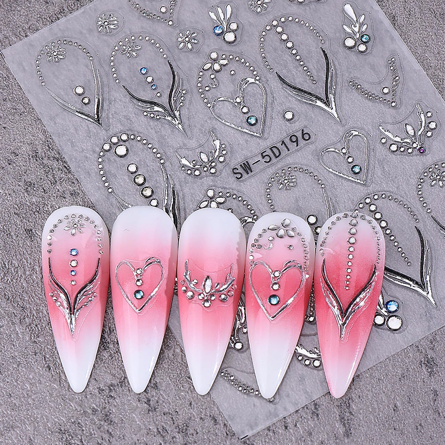 2 Sheets Bohemia Nail Stickers 5D Embosses Self-Adhesive Shine Rhinestones Nail Decals Gold Silver Heart Nail Stickers for Women DIY Manicure Decorations