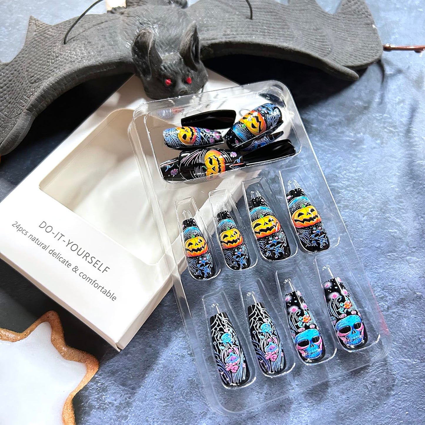 24Pcs Halloween Press on Nails Long Ballet Shaped Horror Skull False Nail Full Cover Artificial Acrylic Fingernails Pumpkin Flower Design Halloween Nail Festival Glue on Nails for Women Supplies
