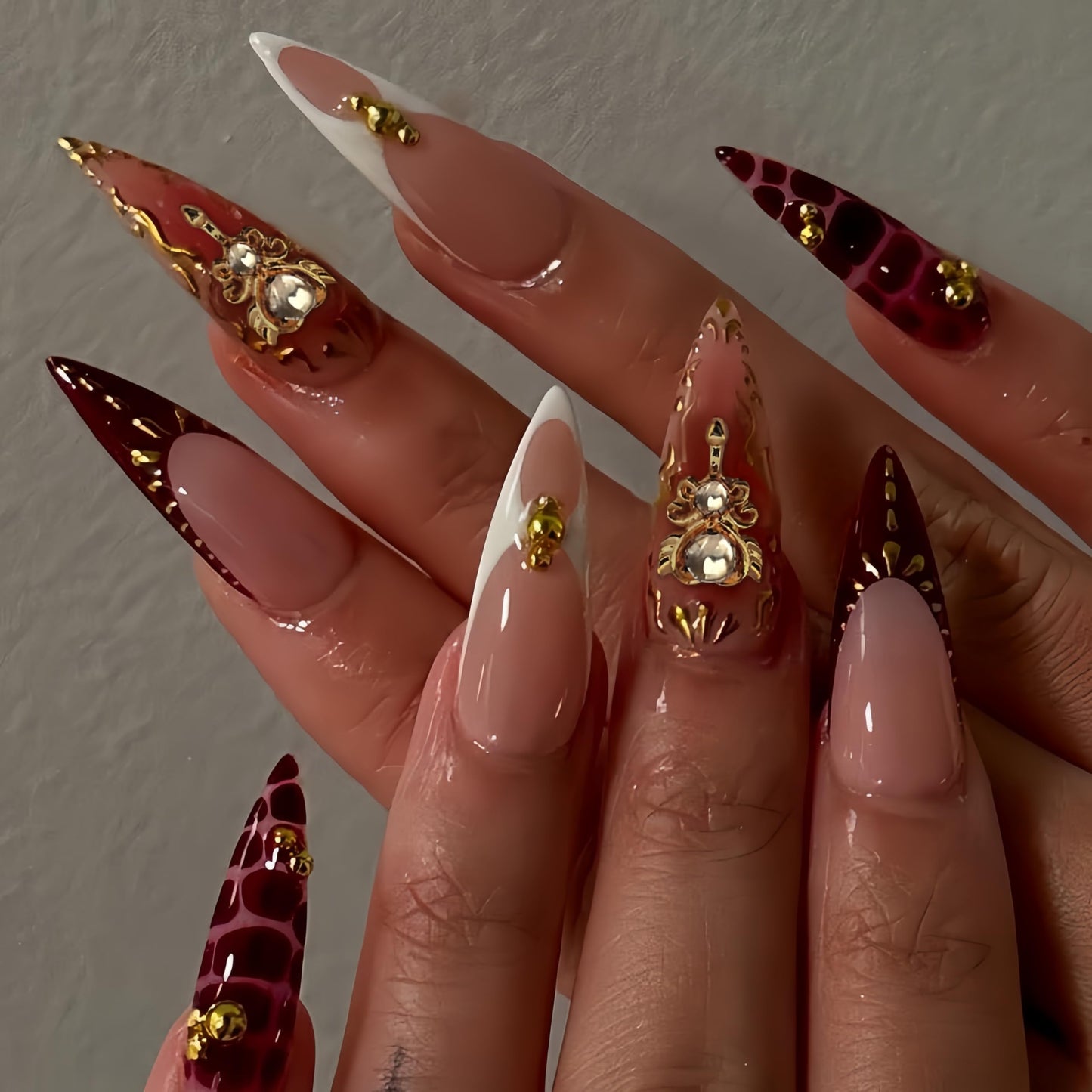 SEENEEY Almond Press on Nails Long Fake Nails French Red Artificial Nail with Rhinestones Designs Gold Charm Stick on Nail for Women 24pcs