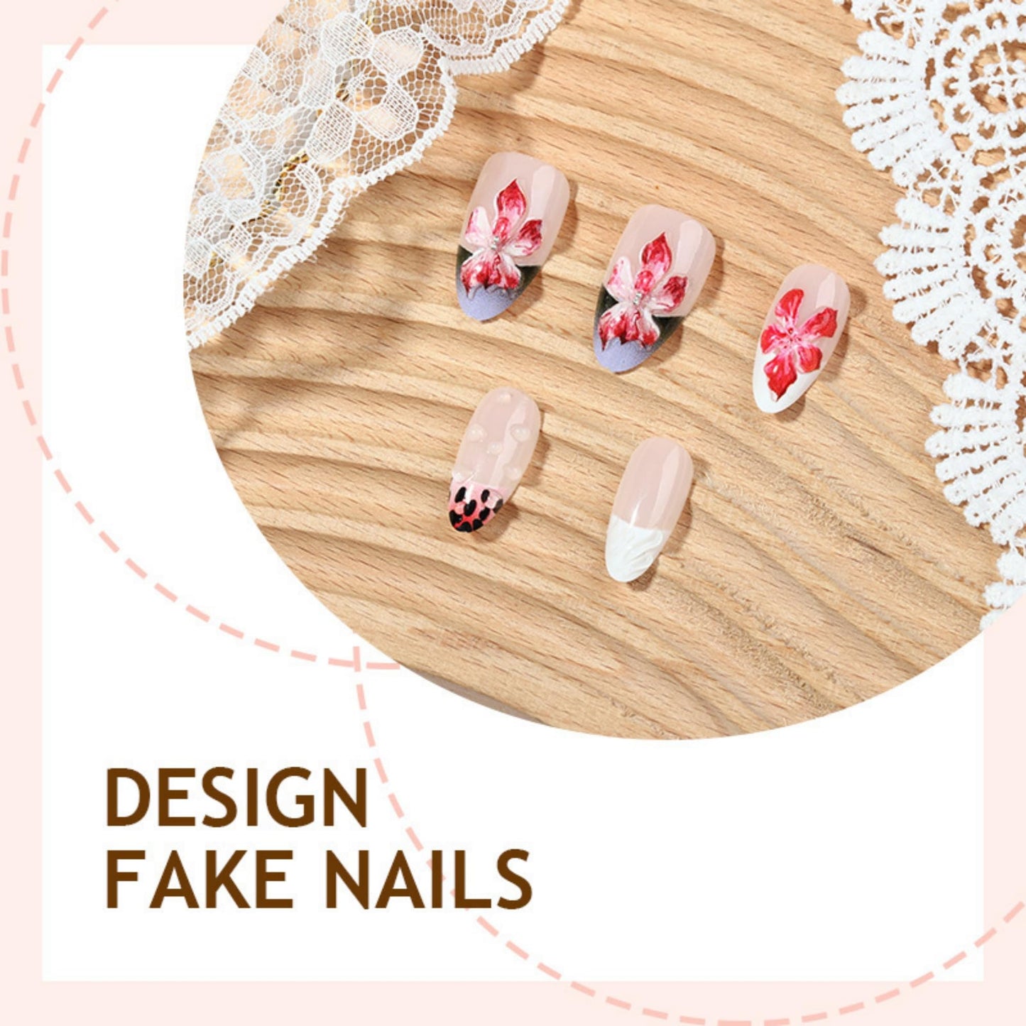 SEENEEY Almond Press on Nails Long Fake Nails French Artificial Nail Red Floral Designs Cute Stick on Nail for Women 24pcs