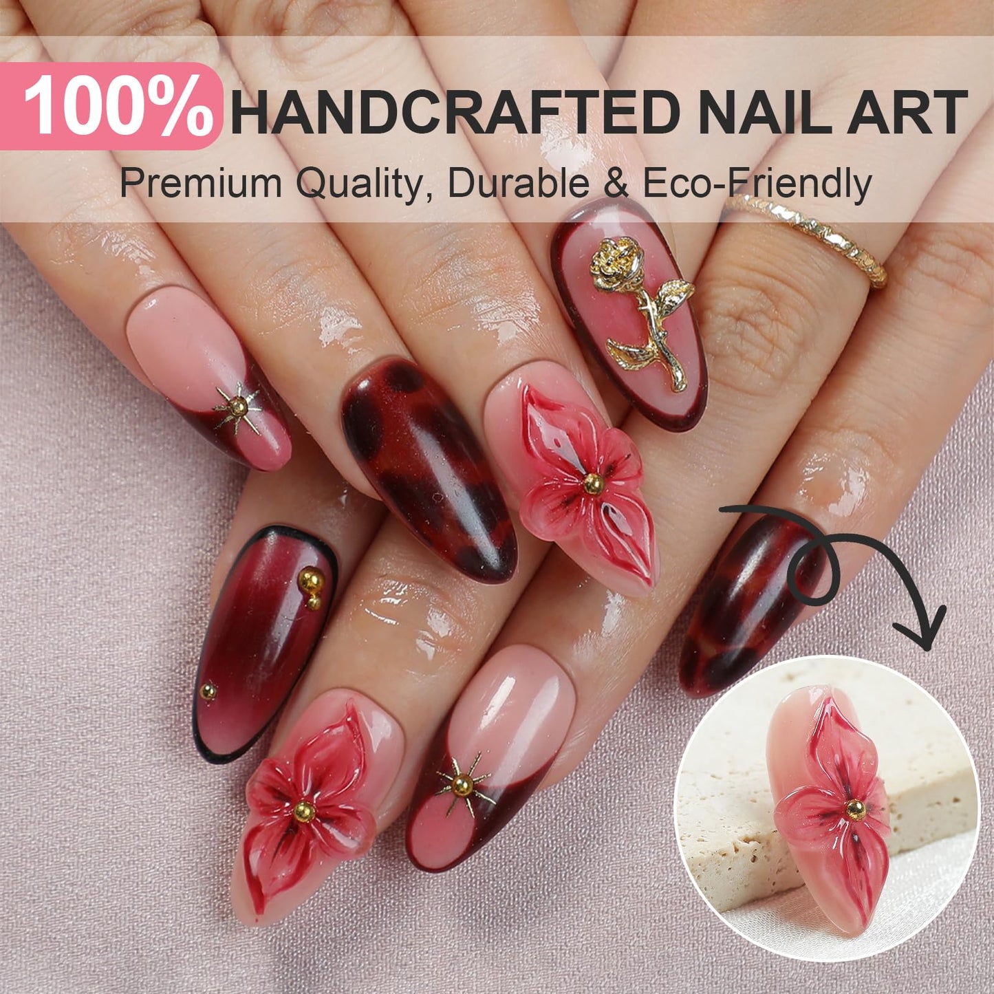 XGV Handmade Press On Nails Almond, 3D Flowers Leopard Print Rhinestones Design Fake Nails with French Tips Short, Salon Quality Reusable, 10Pcs Acrylic Nail Kit, Fall/Winter Gift for Women, Pink