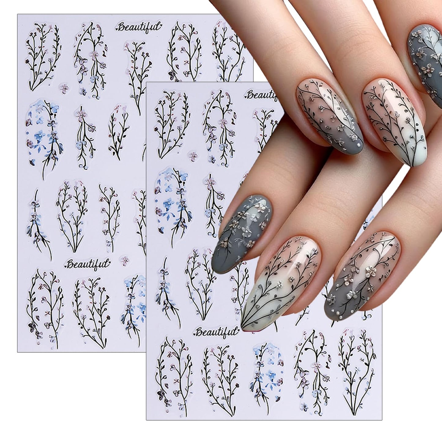 Spring Summer Japanese Floral Nail Art Stickers Golden Leaves Nail Art Supplies Pink Flowers Nail Art Accessories for Women Girls Manicure Decorations 6 Sheets